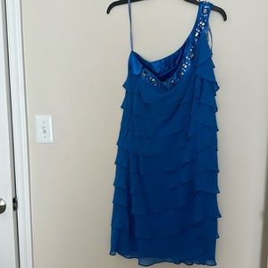 S. L. FASHIONS BLUE OFF THE SHOULDER DRESS IN SIZE 14.